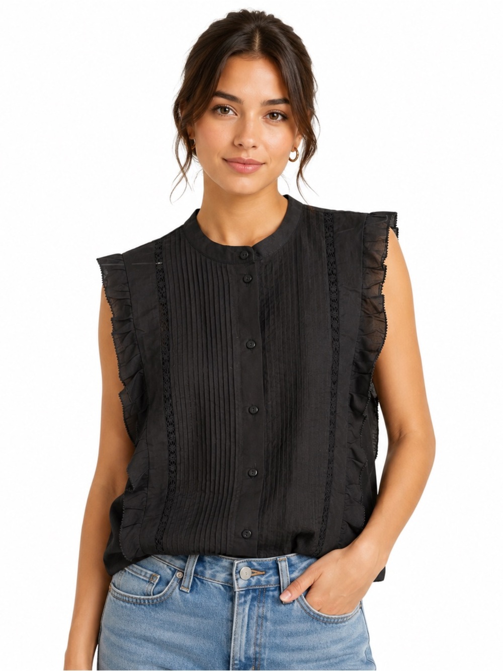 H&M Sleeveless Ruffle Trim Black Blouse